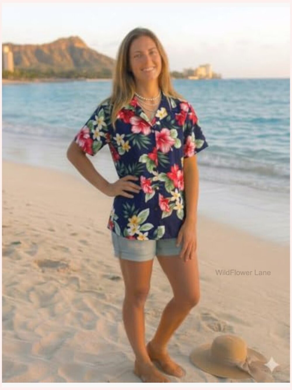 Women's Hibiscus Floral Hawaiian Aloha Camp Shirt Button Down - Picture 2 of 2